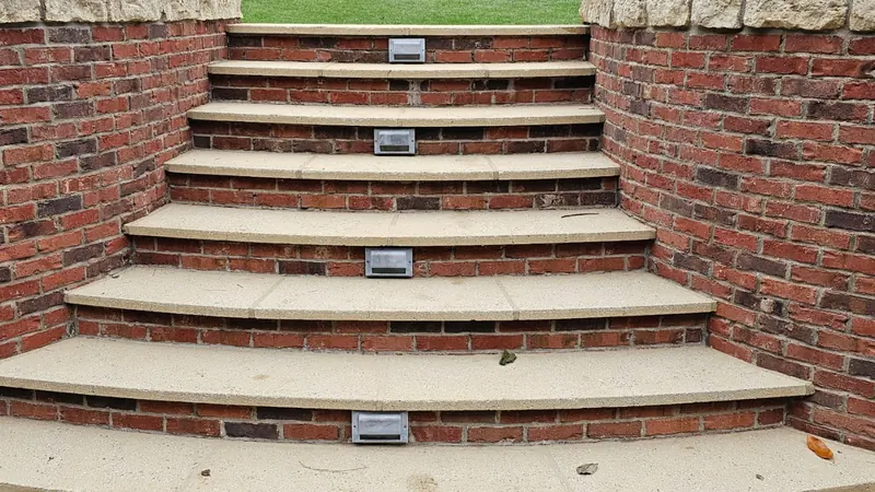 After: curved brick steps with limestone caps, cleaned by Meyer Pressure Washing