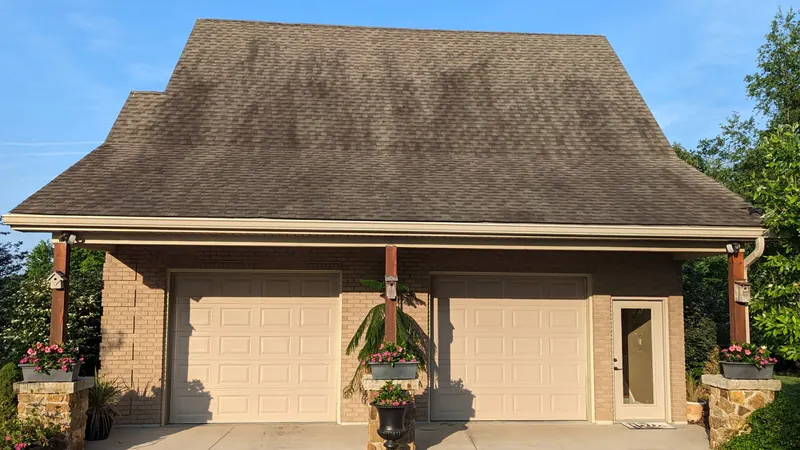 Before: asphalt shingle garage roof with black algae streaks
