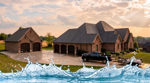 Brick estate home with a freshly washed roof and driveway, the Meyer Pressure Washing truck and trailer parked out front, water splashing across the foreground